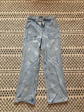Light Wash Butterfly Print Wide Leg Jeans
